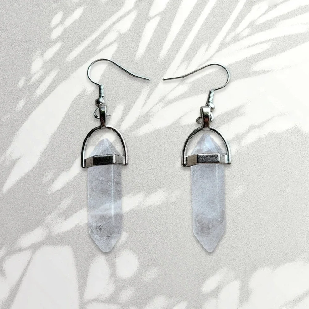 Clear Quartz Earrings Bohemian Style Boho White Silver Chakra Stone Dangle - Picture 1 of 2